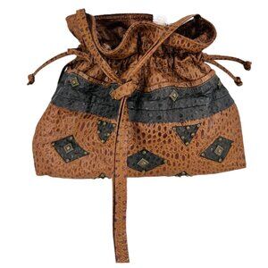 Vtg J&E Hobo Cinched Bucket Lg Shoulder Bag Purse Brn Blk Textured Leather Stud